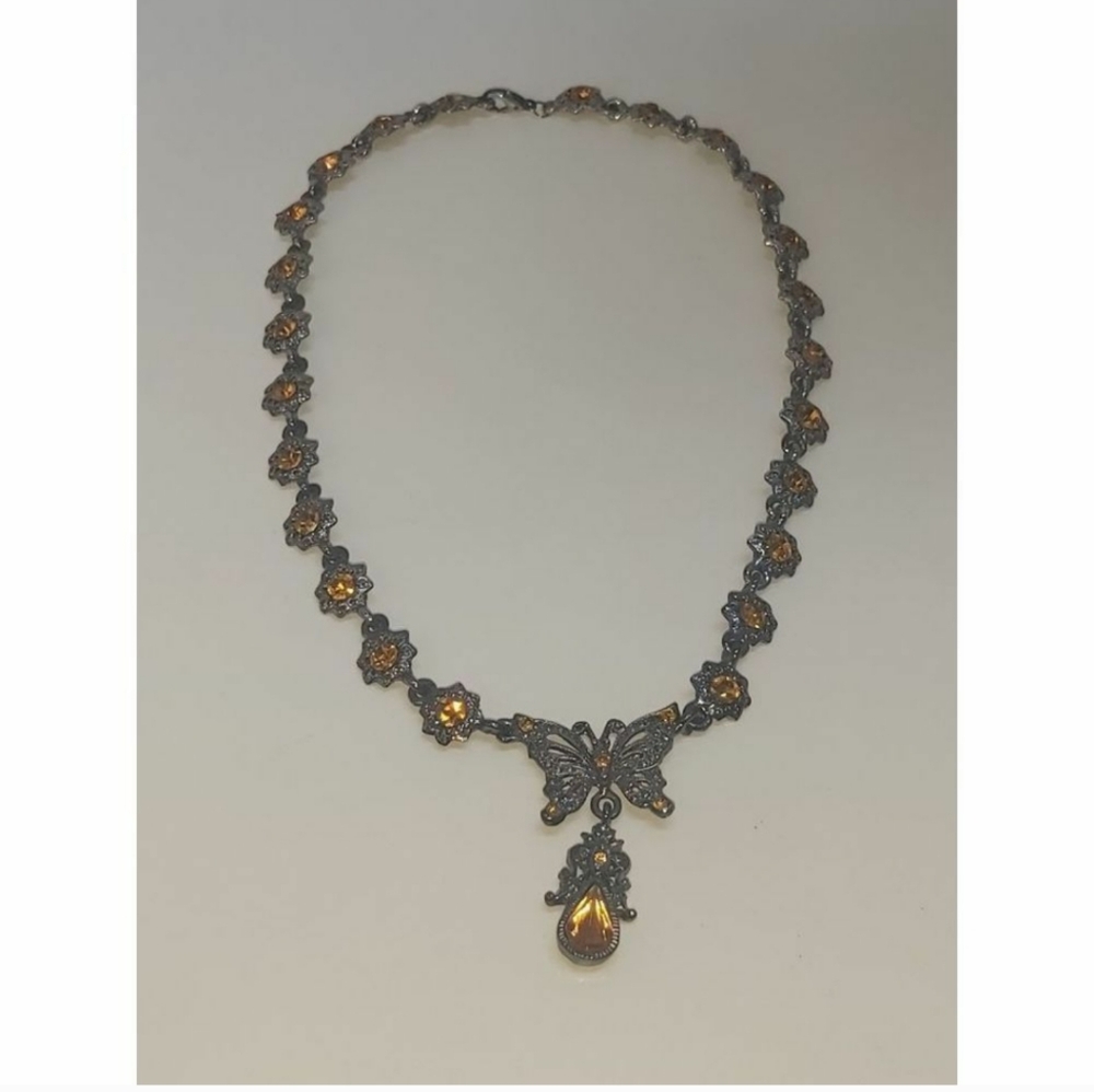 Vintage Orange Gemstones Butterfly Necklace
